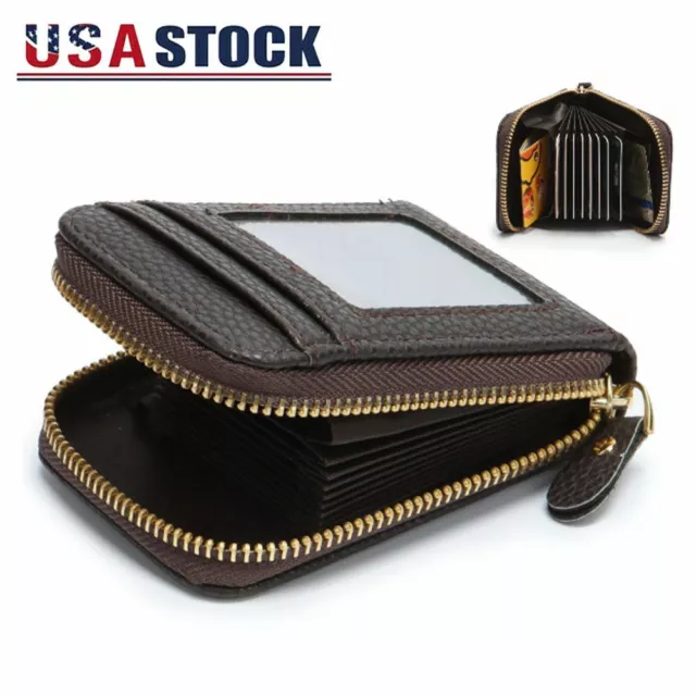 Men Wallet Credit Card Holder Genuine Leather RFID Blocking Zipper Pocket Brown
