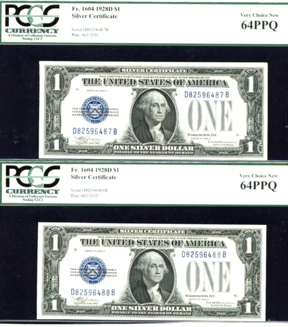 1928 D, $1 FR # 1604-2 Consecutive Silver Certificate- PCGS 64