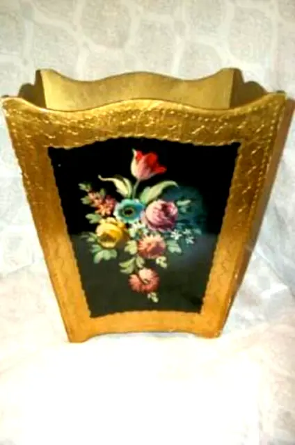 Italian Florentine Gilt Wood Hp Floral Trash Can Waste Basket Vanity Elegant