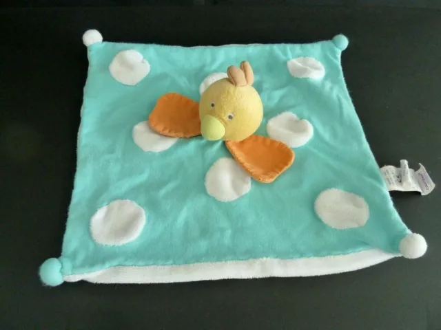 39- Doudou Plat Obaibi Okaidi Poule Oiseau Coq Poussin Bleu Rond Blanc Orange