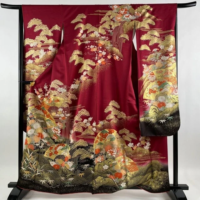 Woman Japanese Kimono Furisode Silk Pine Bamboo Plum Fan Gold Foil Deep Red