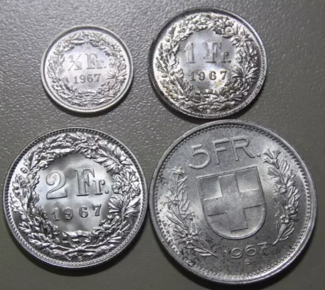 Schweiz 1/2+1+2+5 Franken-Francs 1967-B Silber  4 TOP Coins UNC #F6463 ST-BU