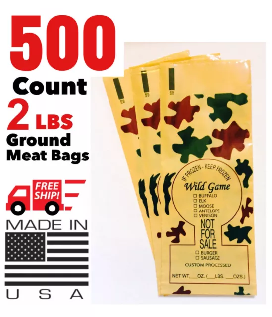 Camo Print Wild Game Ground Meat Freezer Chub Bags 2Lb 500 Count Free Shipping