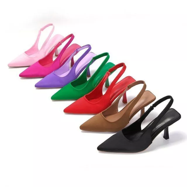 Women Pump kitten Heel Pointed Toe Satin Sandals Slingback Shoes Party Dress