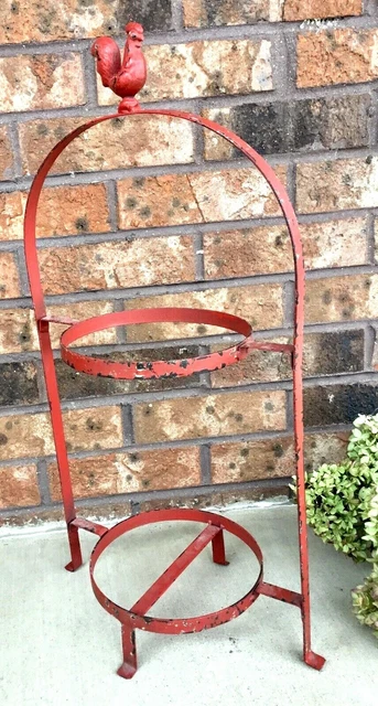 Vintage Chipy Farmhouse Wrought Iron Rooster Plate Stand/Holder Shabby Chic Red