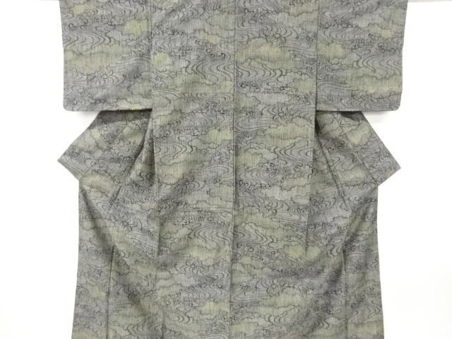 6572046: Japanese Kimono / Antique Kimono / Tsumugi / Woven Rough Wave & Cloud