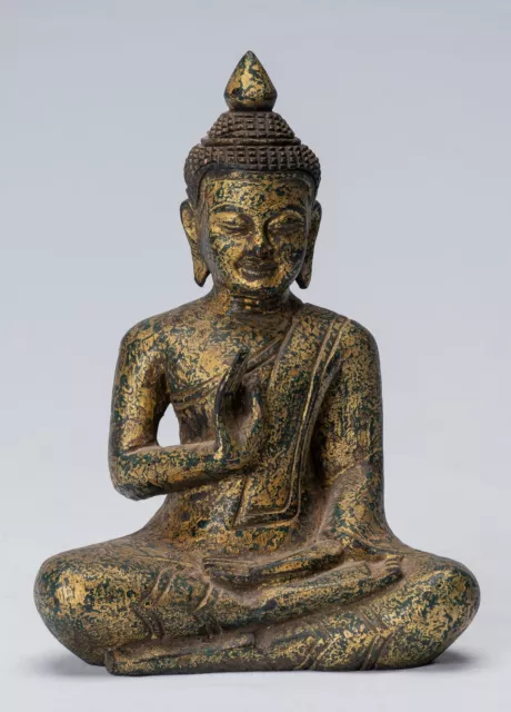 Buddha - Antique Khmer Style Seated Wood Buddha Statue Teaching Mudra - 21cm/8"