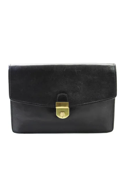 Mark Phillip Womens Pushlock Flap Clutch Wristlet Handbag Black Leather