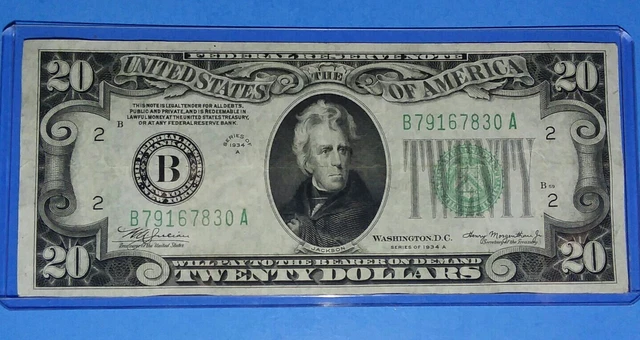 1934 A $20, Frn, B~New York ! Green Seal ! Vf.+ Crisp ! Old Us ! Nice