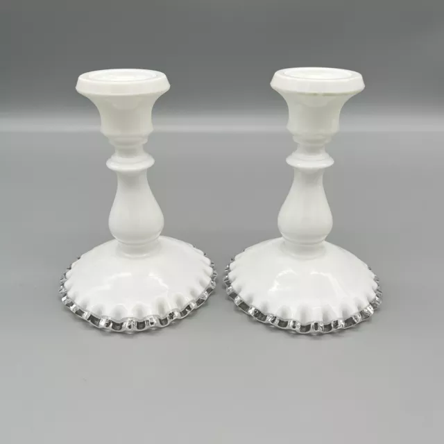 Vintage Fenton Silver Crest White Milk Glass Ruffled Candlesticks Set of 2