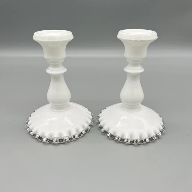 Vintage Fenton Silver Crest White Milk Glass Ruffled Candlesticks Set of 2