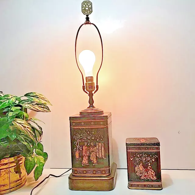 Vintage Frederick Cooper Asian Tea Caddy Tin Table Lamp, Bonus Oriental Tin!