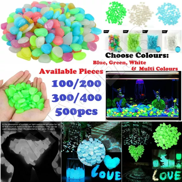 100/500x Glow In The Dark Pebbles Stones Luminous Walkway Garden Fish Tank Decor