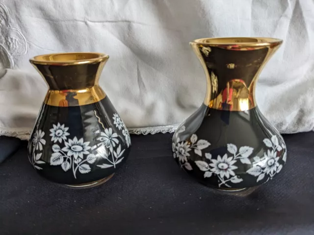 Prinknash Pottery 2 Small Black & Gold Vases Floral Design