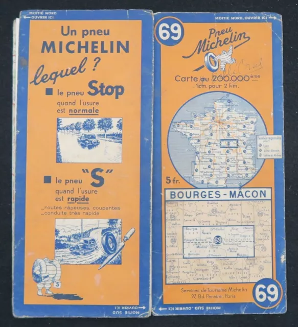 Carte MICHELIN 69 BOURGES MACON 1936 Guide Bibendum pneu tyre map