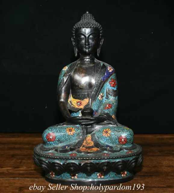 11.6“ Old China Bronze Cloisonne Seat Shakyamuni Amitabha Buddha  Statue