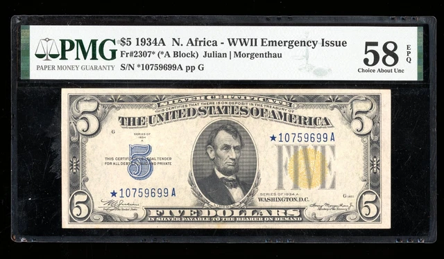 DBR 1934-A $5 Silver North Africa STAR Fr. 2307* PMG 58 EPQ Serial *10759699A