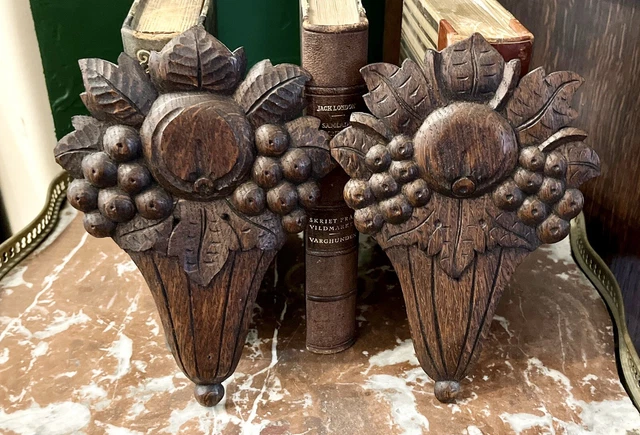 Antique Pair German Black Forest Carved Wood Fruit Plaques Architectural Element