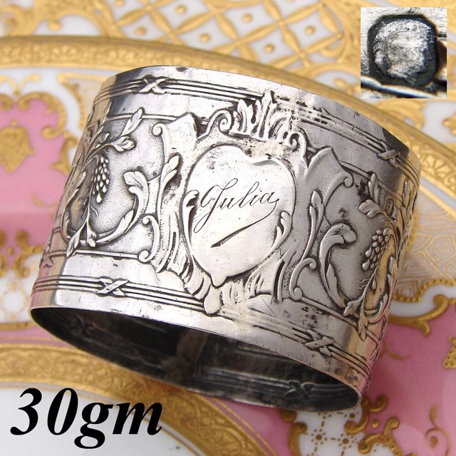 Antique French Sterling Silver Napkin Ring, Empire Style Quiver & Arrows, "LG"