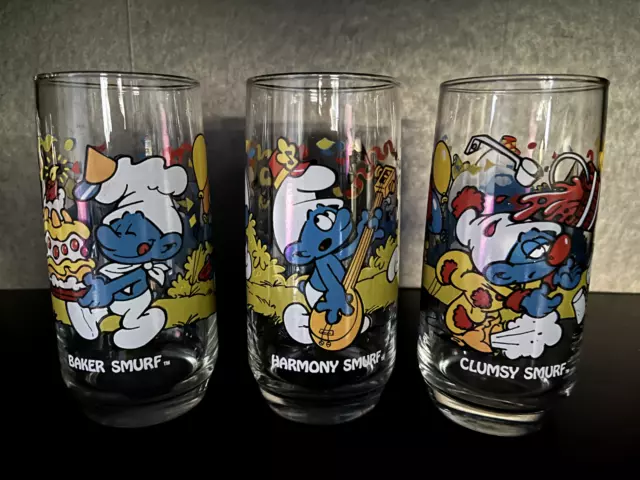 SMURFS Peyo Drinking Glasses Set of 3 Hardees 1983 Vintage Excellent Condition