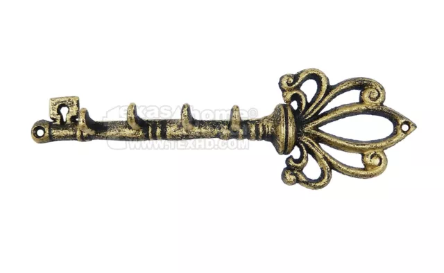 Skeleton Key Shaped Rack Hook Wall Hooks Fleur De Lis Antique Style Gold