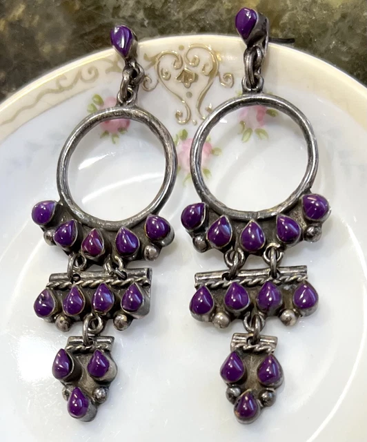 RARE Mexico Taxco? Purple Sugilite Sterling Chandelier Dangle 2” Earrings 12.1g
