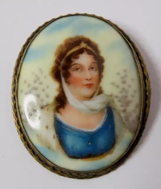 Antique Cameo Portrait Woman Porcelain Hand Painted Brooch Pin