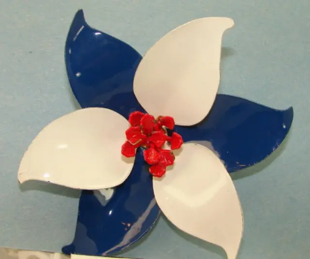 Vintage Red White & Blue Enamel Curved Petal Flower Pin Brooch