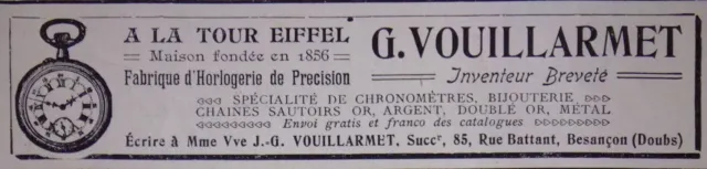 Publicité A La Tour Eiffel Spécialité De Chronomètres Bijouterie G. Vouillarmet