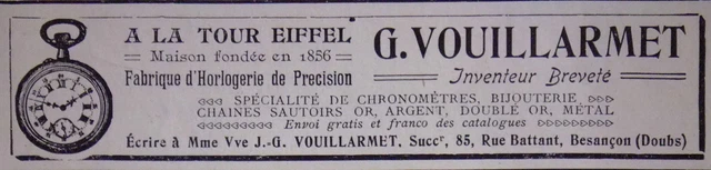 Publicité A La Tour Eiffel Spécialité De Chronomètres Bijouterie G. Vouillarmet
