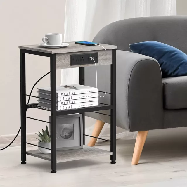 End Table with USB Ports and Outlets 3 Tier Display Shelf Nightstand for Bedroom