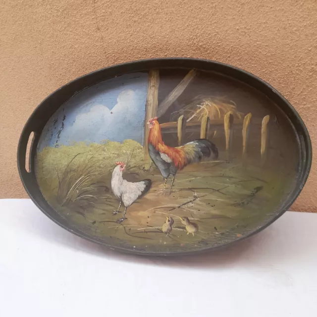 ANTICO VASSOIO OVALE DA PORTATA IN LEGNO DIPINTO A MANO CON ANIMALI anni '30/40 ANTICO VASSOIO OVALE DA PORTATA IN LEGNO DIPINTO A MANO CON ANIMALI anni '30/40