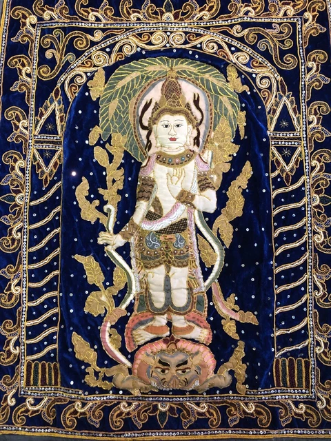 Myanmar Burma Burmese Sequin 31x38” Kalaga Mystical Kwan Guan Yin Tapestry