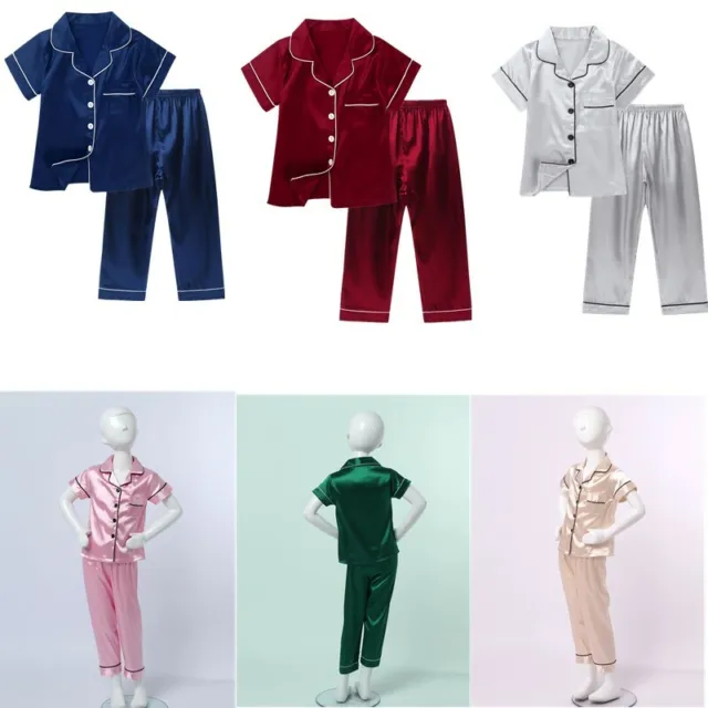 Kids Boys Girls Silk Satin Pyjamas Button Down Top+Long Pants Casual Nightwear