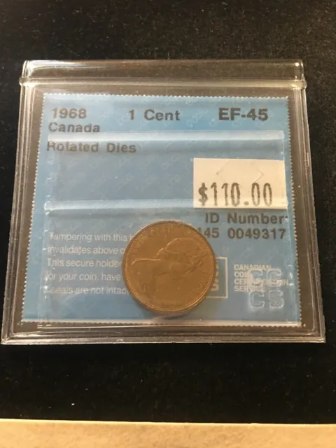 1968  ERROR, Rotated Dies CCCS Graded Canadian, Small One Cent,**EF-45**