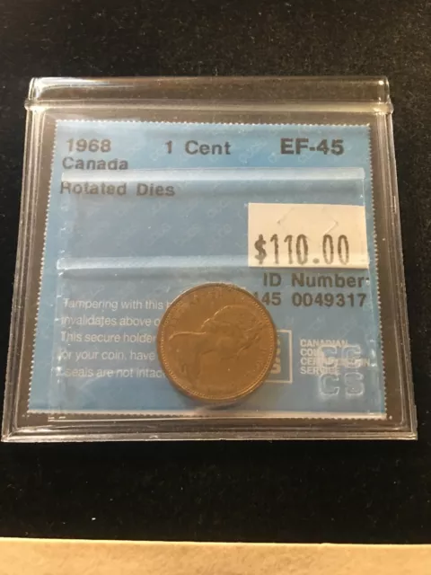 1968  ERROR, Rotated Dies CCCS Graded Canadian, Small One Cent,**EF-45**
