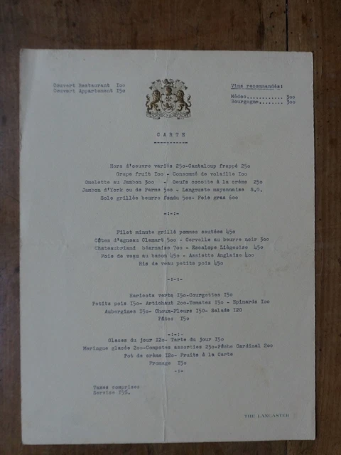 Menu Original De Restaurant – 12 Juin 1937 – Association De La Presse Française