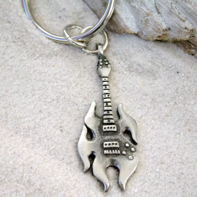 GUITAR FLAME ELECTRIC Pewter KEYCHAIN Key Ring