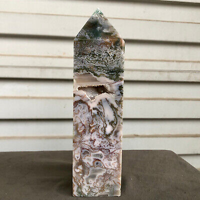 1.76lb Natural Aquatic agate Quartz Obelisk Crystal Point Wand Reiki Healing