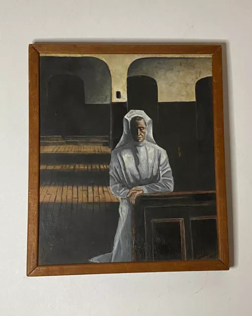 VINTAGE MID CENTURY MODERN SURREAL WOMAN NUN OIL PAINTING OLD ABSTRACT 1960s