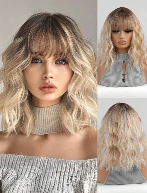 Perruque Blonde Courte Bouclée - Synthétique, Frange, Bonnet Moyen
