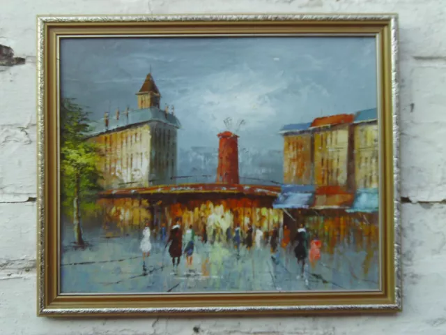 Vintage 1990s Impressionist style Oil Painting of Moulin Rouge Paris France