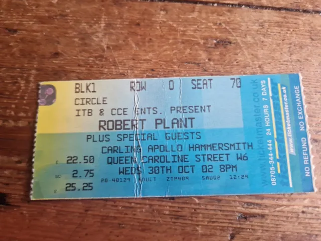 Robert Plant / Led Zeppelin 2002 London Ticket Stub