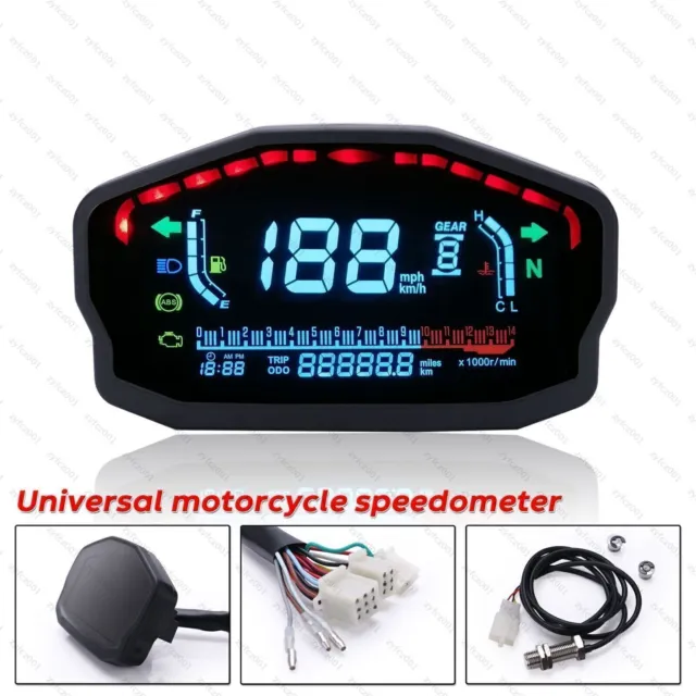 Universal 12V LCD Digital Motorcycle Speedometer Odometer Motorbike Tachometer