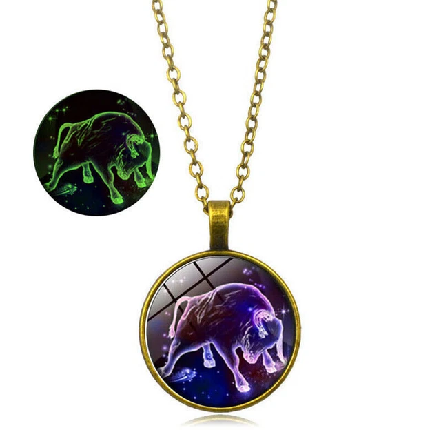 Vintage Bronze Necklace Glass Cabochon Zodiac Sign Taurus Zodiac Jewelry