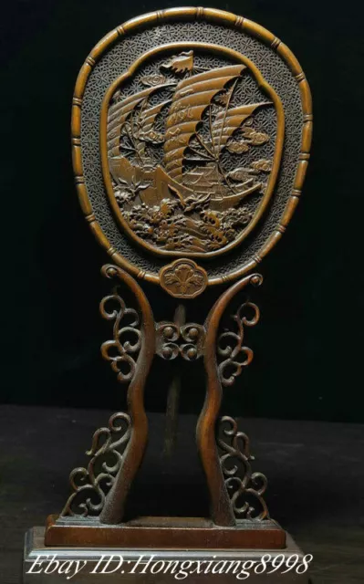 12" China Boxwood Wood Hand Carved Boat Ship Vessels Sea Gull Screen Fan