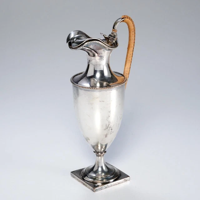 Antique Silverplate Neoclassical Wine Water Jug Ewer Rattan Bamboo Wrap Handle