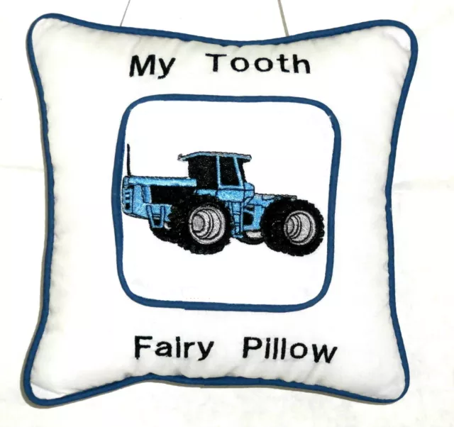 Tooth Fairy Pillow Blue Tractor embroidered on White Cotton T-1 New Handmade