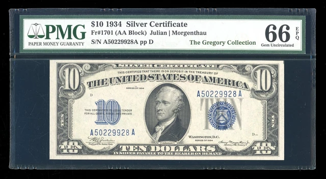DBR 1934 $10 Silver Gem Fr. 1701 PMG 66 EPQ Serial A50229928A