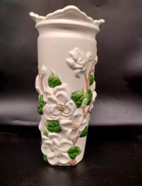 Vintage Napco Majolica Gardenia Blossom White Ceramic Vase 10 In Tall